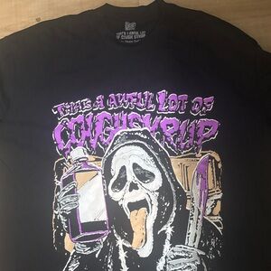Black Graphic T-Shirt with Purple and White Design